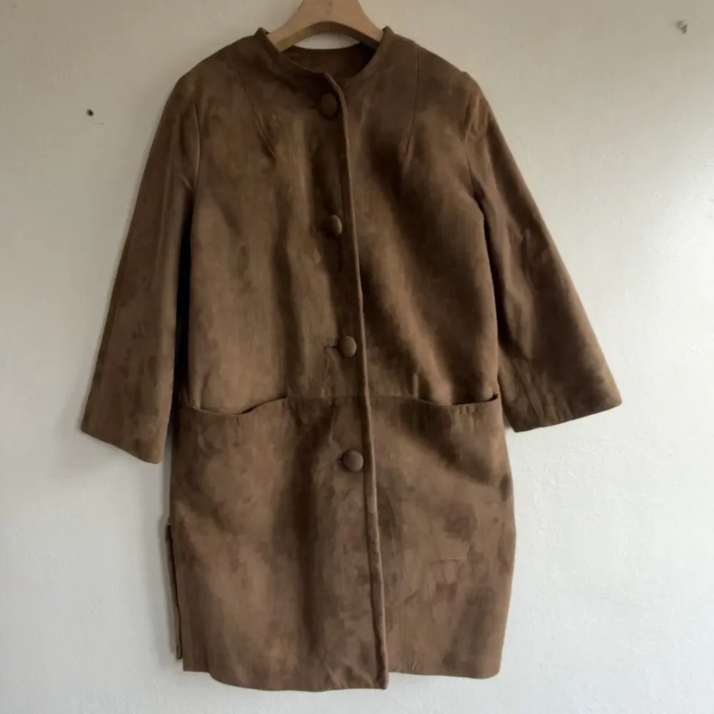 Vintage 1960s Camel Suede Collarless Swing Coat Covered Buttons Mid Century Sz 8 - Picture 5 of 12